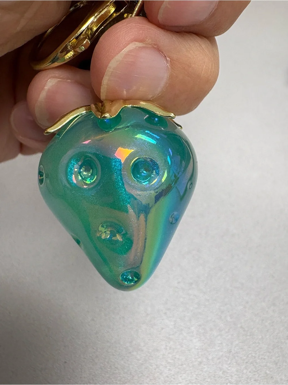 Iridescent Blue Green Strawberry Bag Charm Keychain Gold Accents